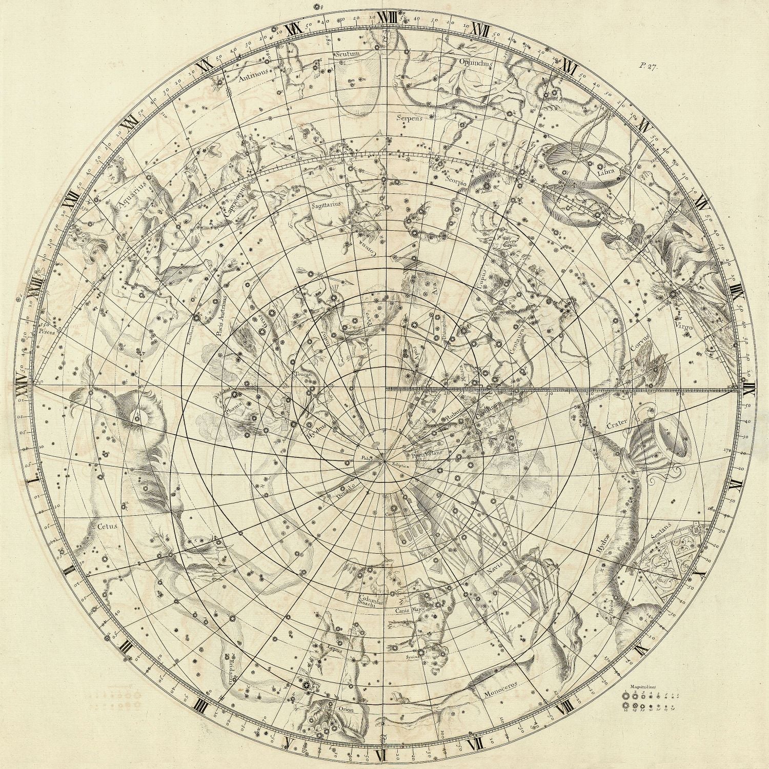 Celestial: Constellation: Circular Planesphere Plate 27, 1729, Flamsteed auth. - The Map Chest