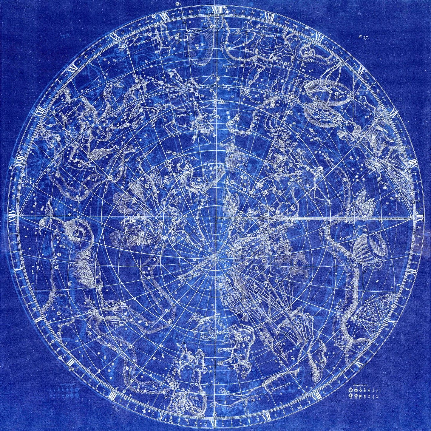 Celestial: Constellation: Circular Planesphere Plate 27, 1729, Flamsteed auth. Cyanotype - The Map Chest