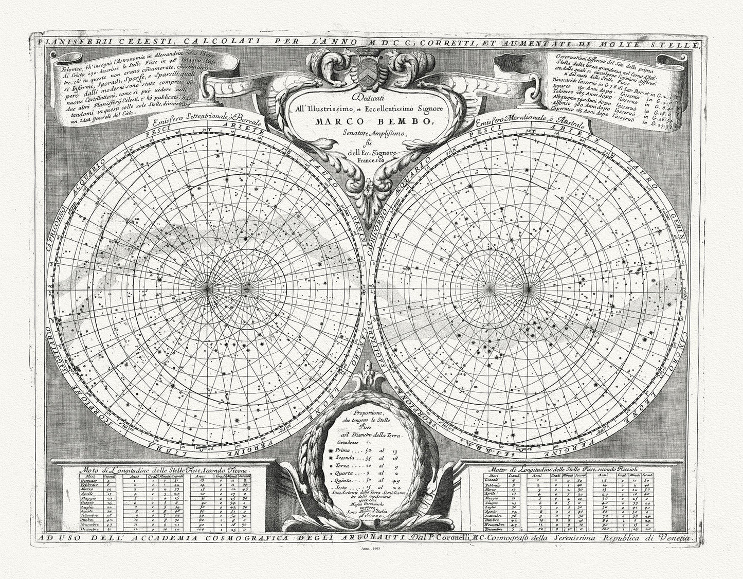 Celestial: Coronelli (Vicenzo 1650 - 1718), Planisferii Celesti Calcolati per l'Anno MDCC, 1693 - The Map Chest