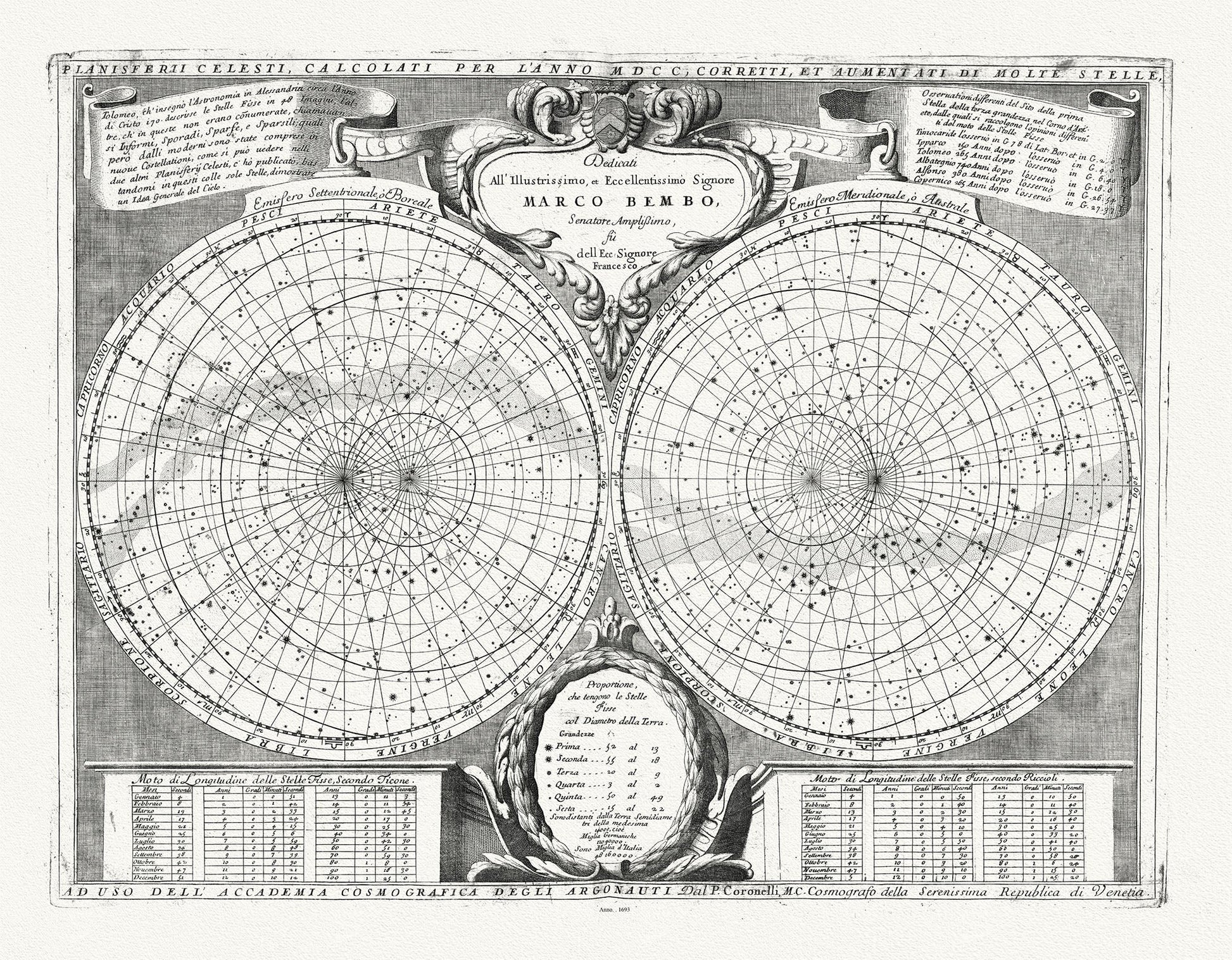 Celestial: Coronelli (Vicenzo 1650 - 1718), Planisferii Celesti Calcolati per l'Anno MDCC, 1693 - The Map Chest