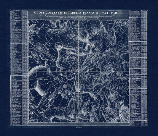 Celestial: Doppelmayr et Homann, Globi Coelestis in Tabulas Planas Redacti Pars I, 1730 Ver. Cyanotype a - The Map Chest