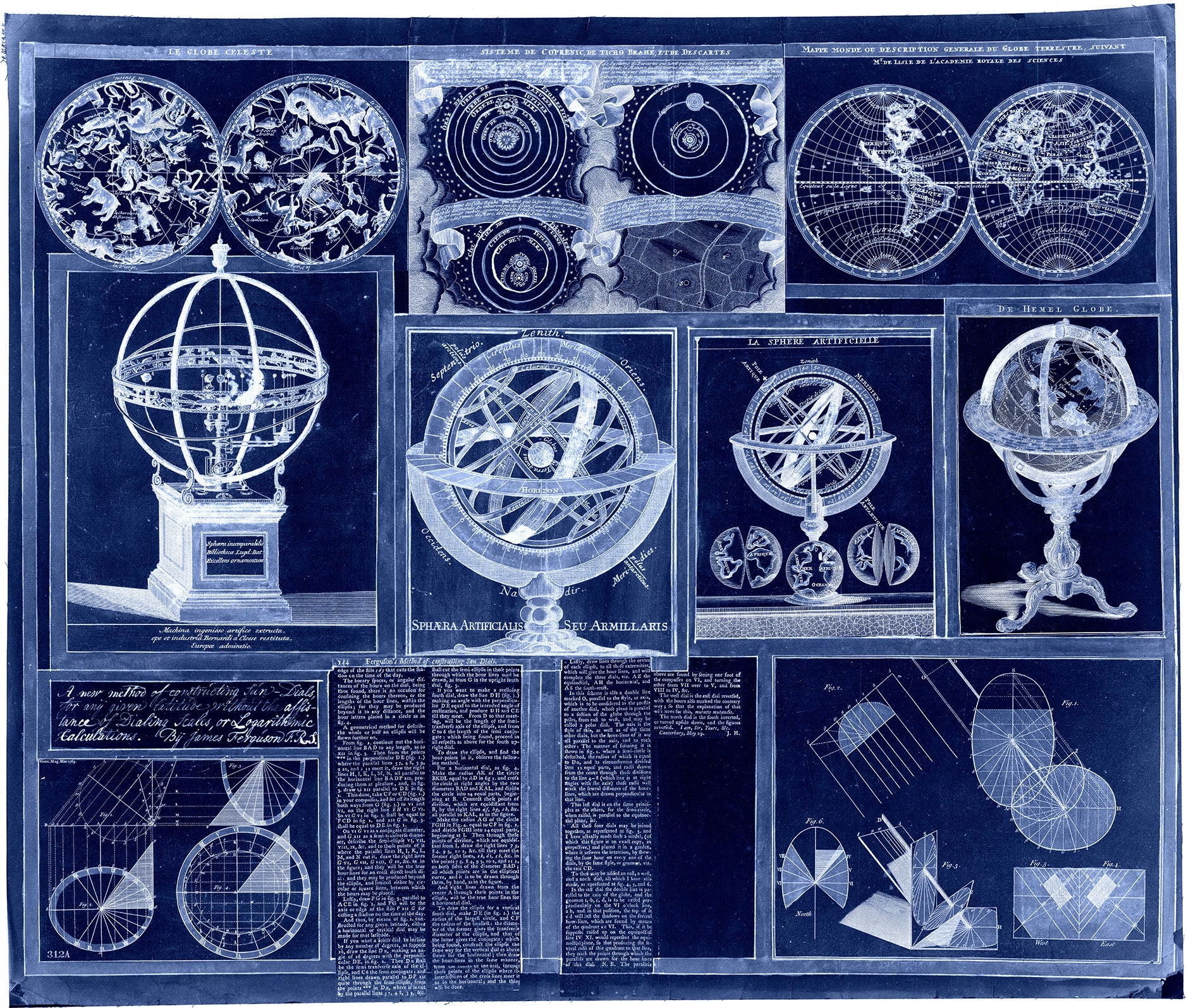 Celestial: Ferguson - Collection of nine images including astronomical instruments, celestial charts, and a world map,1769 Cyanotype - The Map Chest