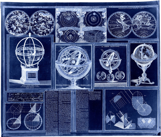 Celestial: Ferguson - Collection of nine images including astronomical instruments, celestial charts, and a world map,1769 Cyanotype - The Map Chest