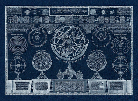 Celestial: Introduction a la geographie carte des diverses positions de la sphere, des systhemes de Univers, des planettes, des eclypses.1791, Delamarche auth. Cyanotype - The Map Chest