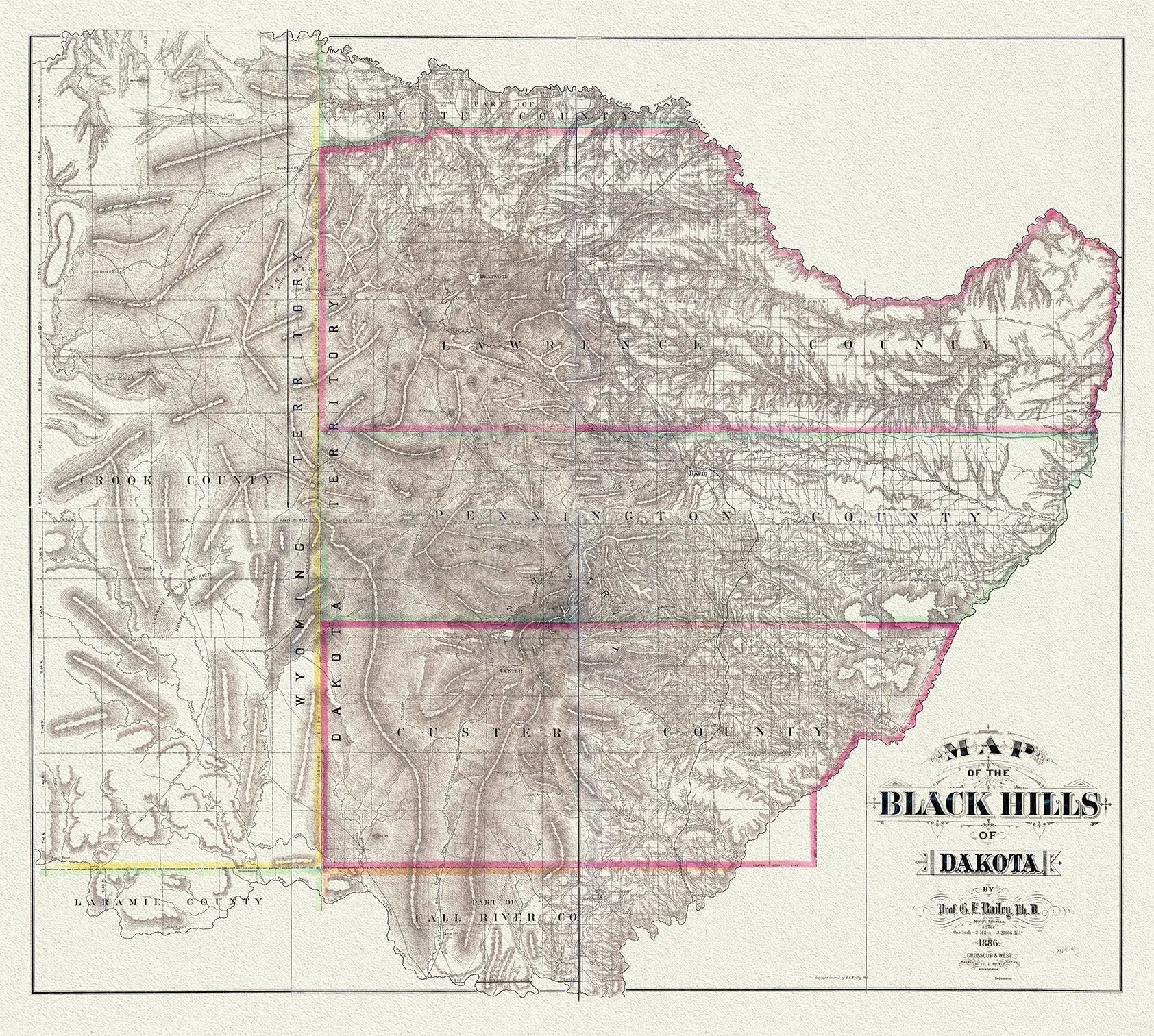 Dakota, South, Map of the Black Hills, 1886, map on heavy canvas, 21x25 APPROX - The Map Chest