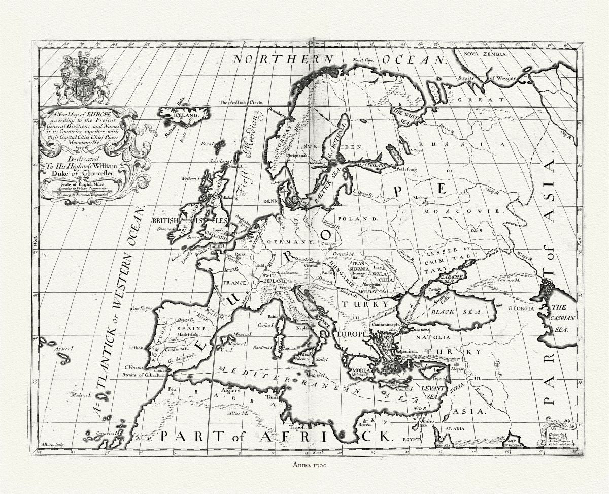 Europe: A new map of Europe according to the present general divisions, 1700, Wells auth. - The Map Chest