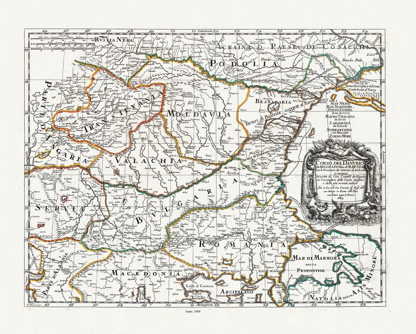 Europe: East: Danube River Valley: Coronelli (Vicenzo 1650 - 1718), Corso del Danubio da Belgrado fino al Mar Nero, 1684 - The Map Chest