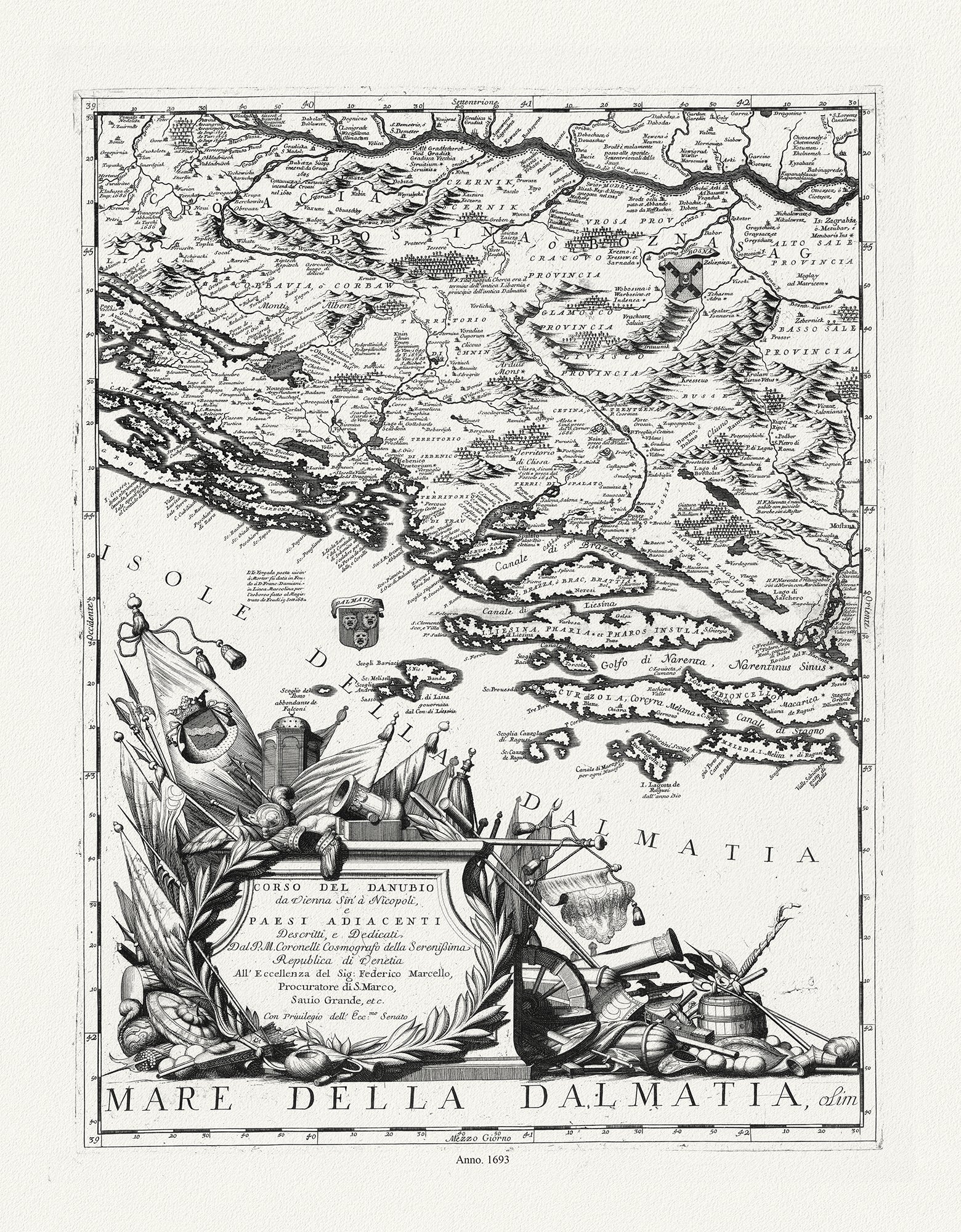 Europe: East: Danube River Valley: Coronelli (Vicenzo 1650 - 1718), Corso del Danubio (Planche 1 de 6), 1693 - The Map Chest