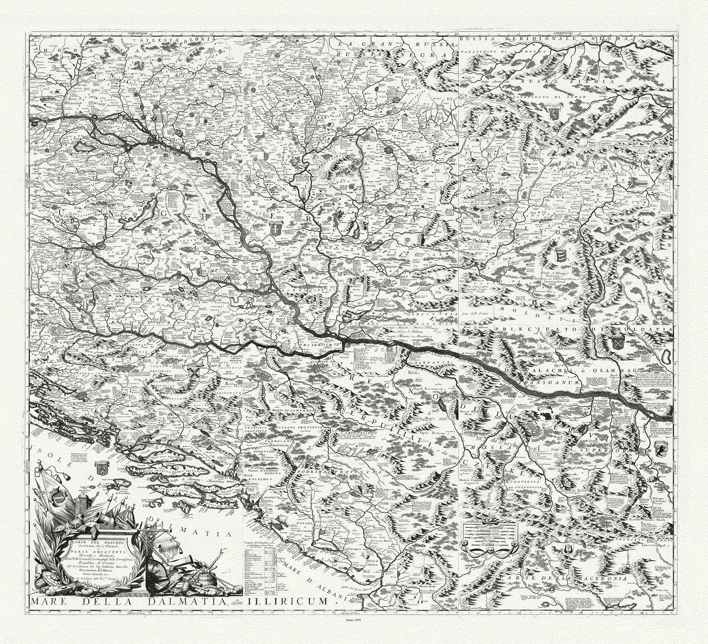 Europe: East: Danube River Valley: Coronelli (Vicenzo 1650 - 1718), Mappa Corso del Danubio, 1693 - The Map Chest