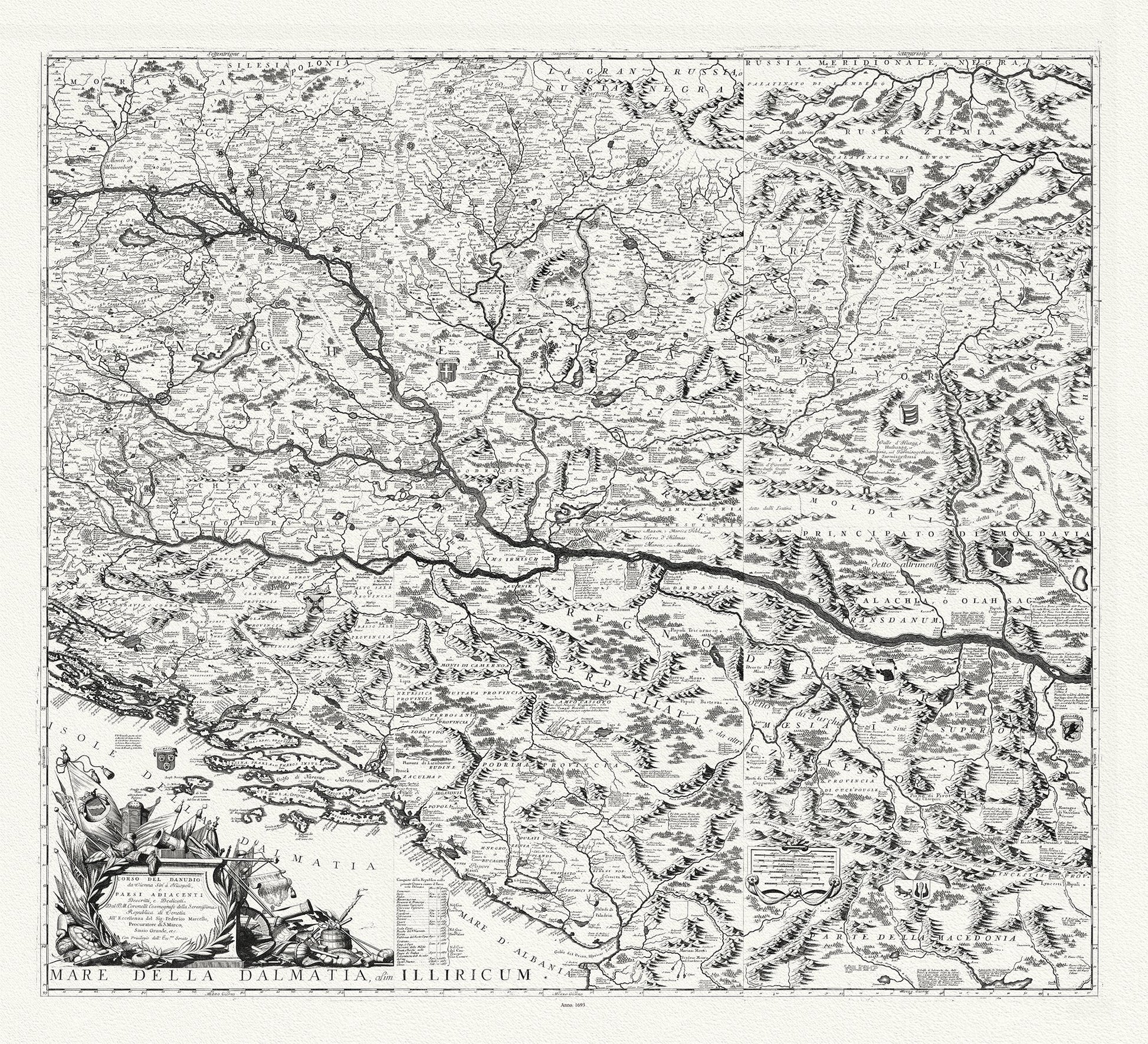Europe: East: Danube River Valley: Coronelli (Vicenzo 1650 - 1718), Mappa Corso del Danubio, 1693 - The Map Chest