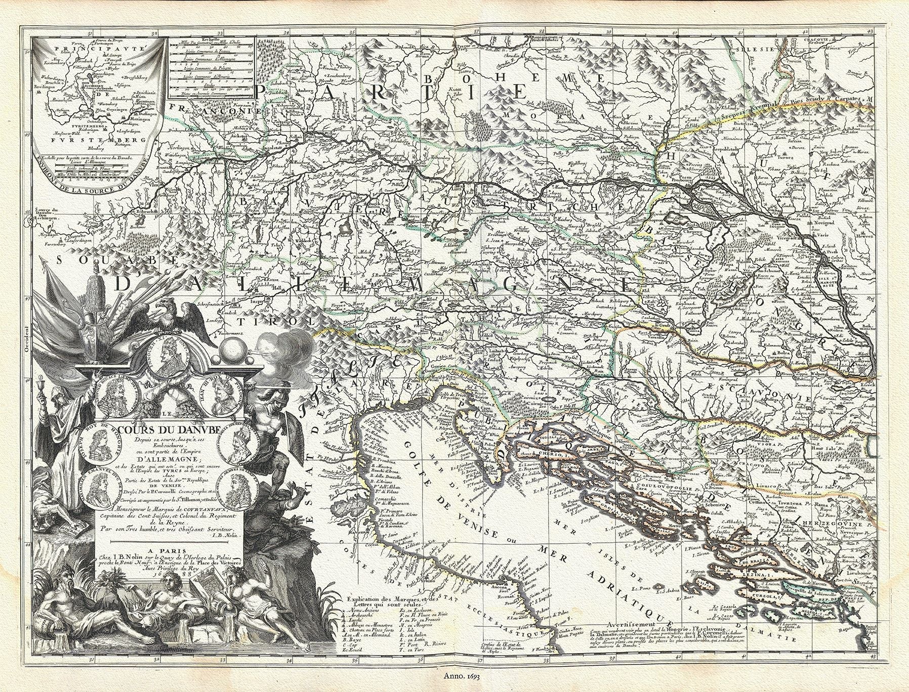 Europe: East: Danube River Valley: Le Cours du Danube depuis sa source, Jusqu'a ses Embouchures ou sont partie de l'Empire d'Allemagne; et des Estats qui ont esté ou qui sont encore de l'Empire des Turcs en Europe, 1688, Nolin et al. auths. - The Map Chest