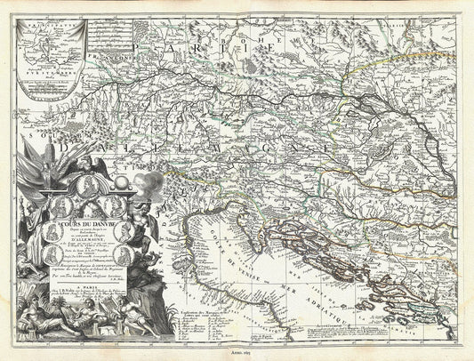 Europe: East: Danube River Valley: Le Cours du Danube depuis sa source, Jusqu'a ses Embouchures ou sont partie de l'Empire d'Allemagne; et des Estats qui ont esté ou qui sont encore de l'Empire des Turcs en Europe, 1688, Nolin et al. auths. - The Map Chest