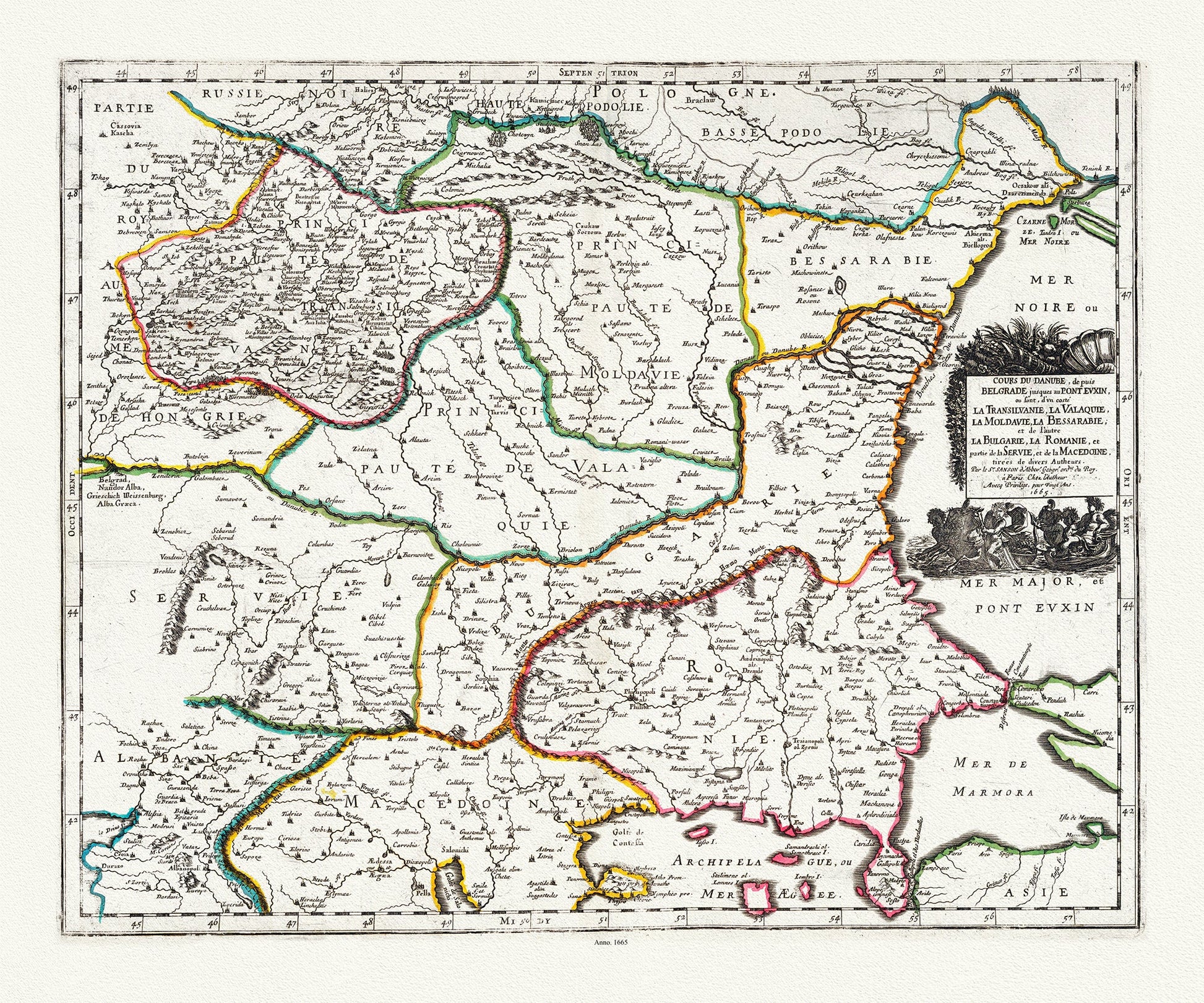 Europe: East: Danube River Valley: Sanson, Cours du Danube (Heart of the Danube, Romania, Bulgaria, Serbia, Moldavia, North Macedonia),1665 - The Map Chest