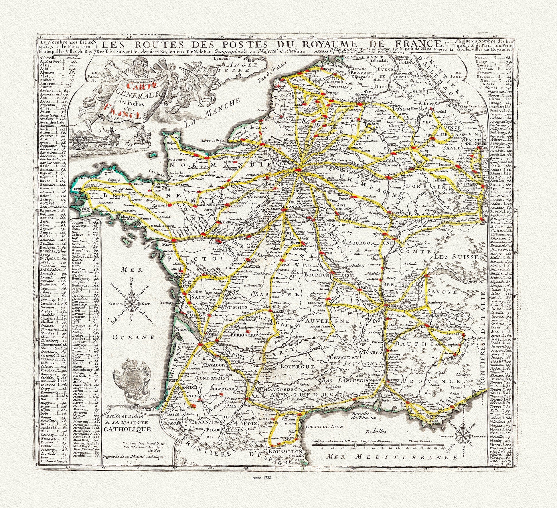 Europe: Fer, (Nicolas de, 1646 - 1720), Carte General des Postes de France, 1728 - The Map Chest