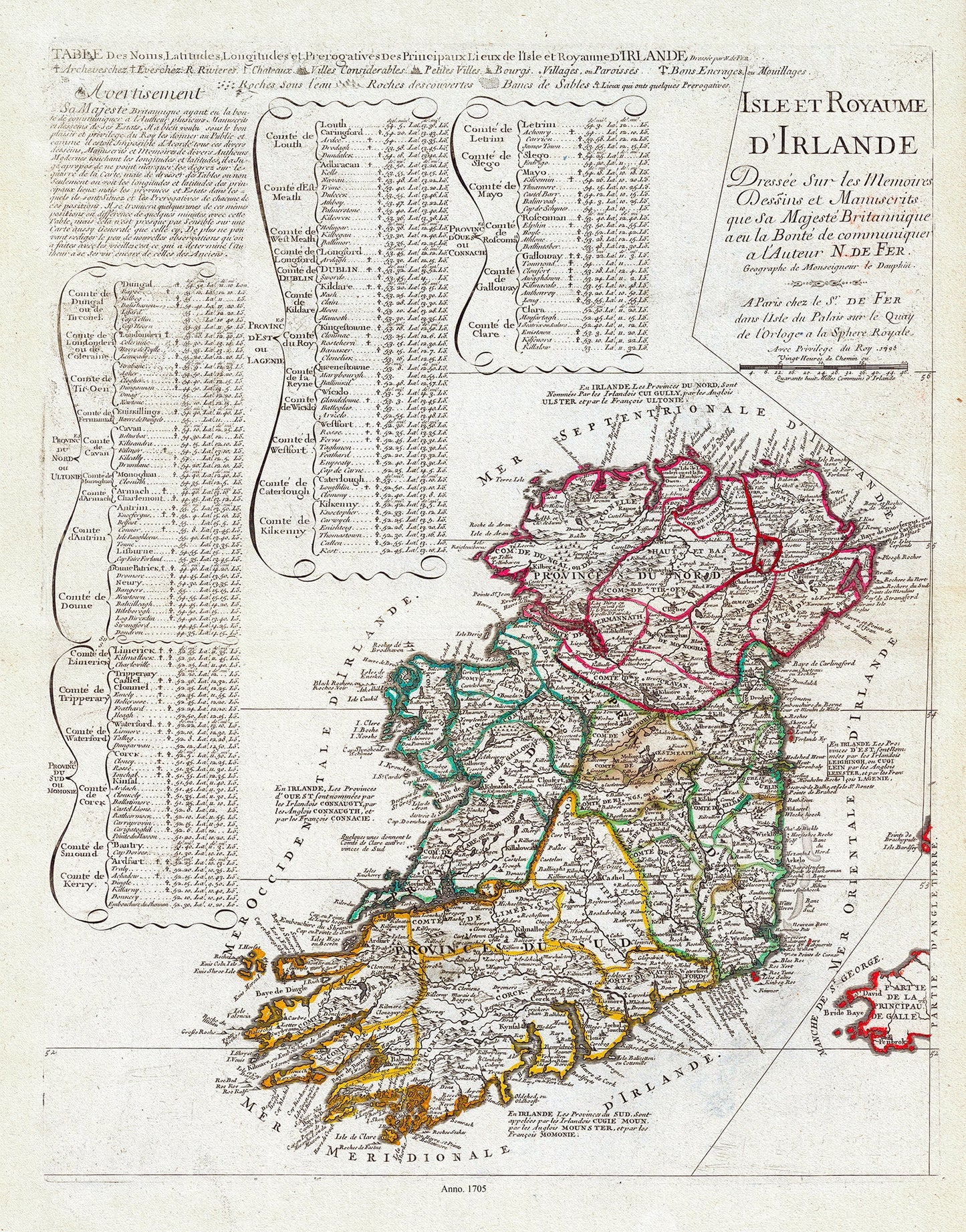 Europe: Fer (Nicolas de, 1646 - 1720), Isle et Royaume D'Irlande, 1705 - The Map Chest
