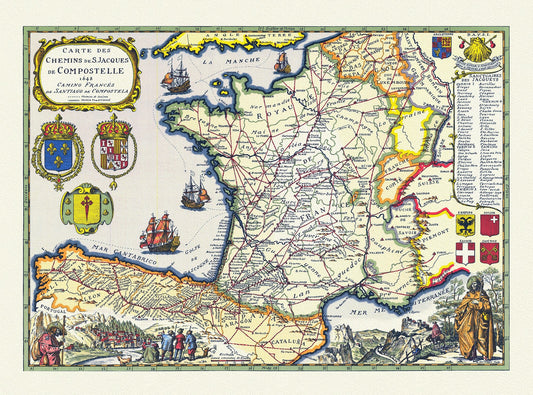 Europe: France: Carte des chemins de S. Jacques de Compostelle, 1648 Camino Francés de Santiago de Compostela,Derveaux - The Map Chest