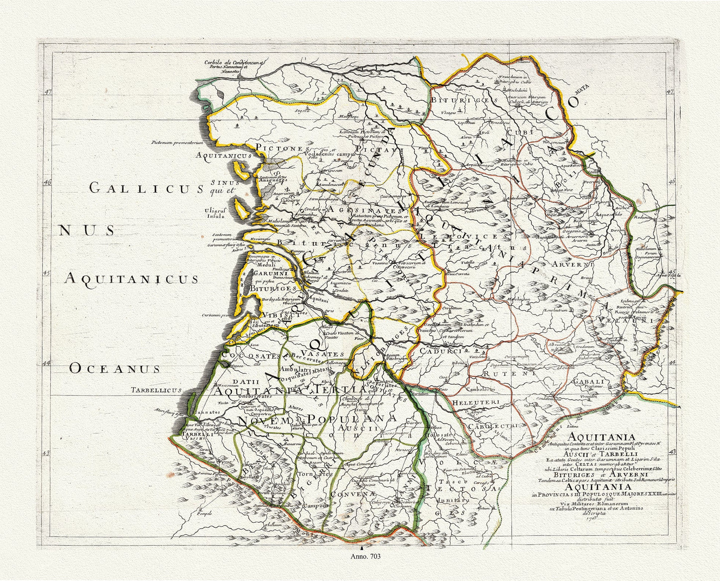 Europe: France: Galliae Antiguae Descriptio Geographica (Map of the Geography of Ancient France). (continued.) Aquitania,1703, Sanson, Guillaume et Nicolas auths. - The Map Chest