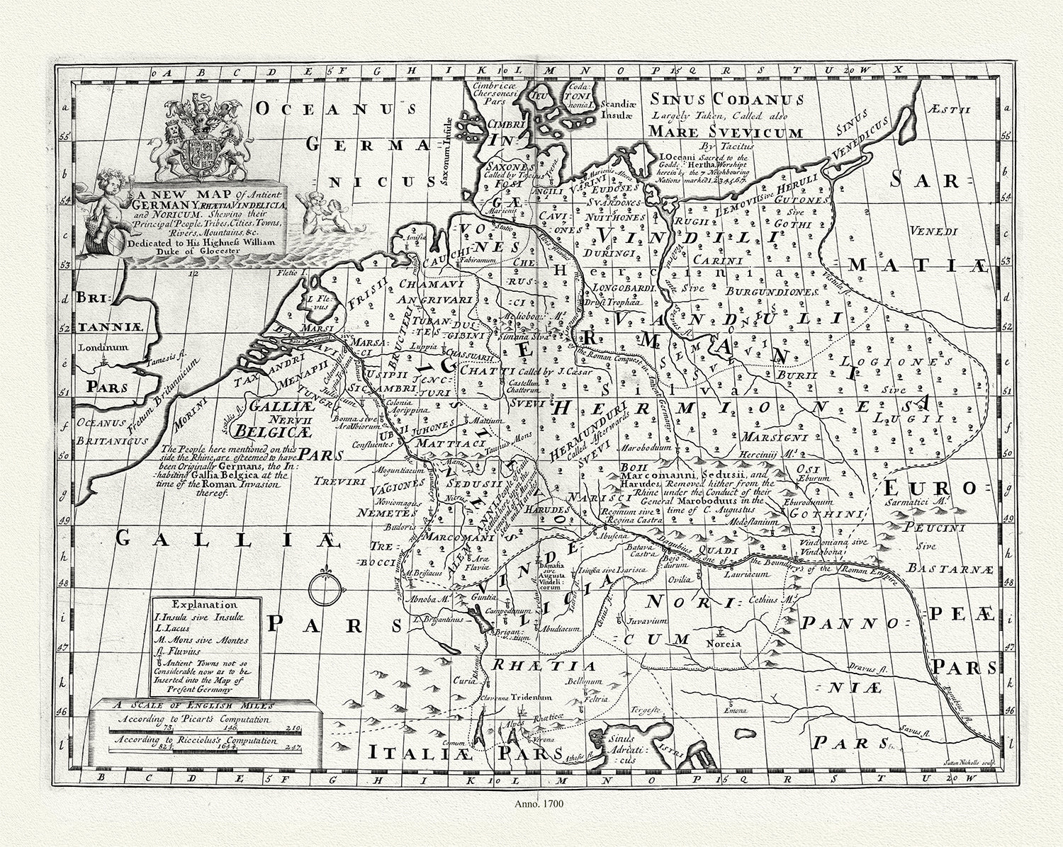 Europe: Germany: A New Map of Antient Germany, Rhaeia, Vindelicia, and Noricum, Wells auth., 1700 - The Map Chest