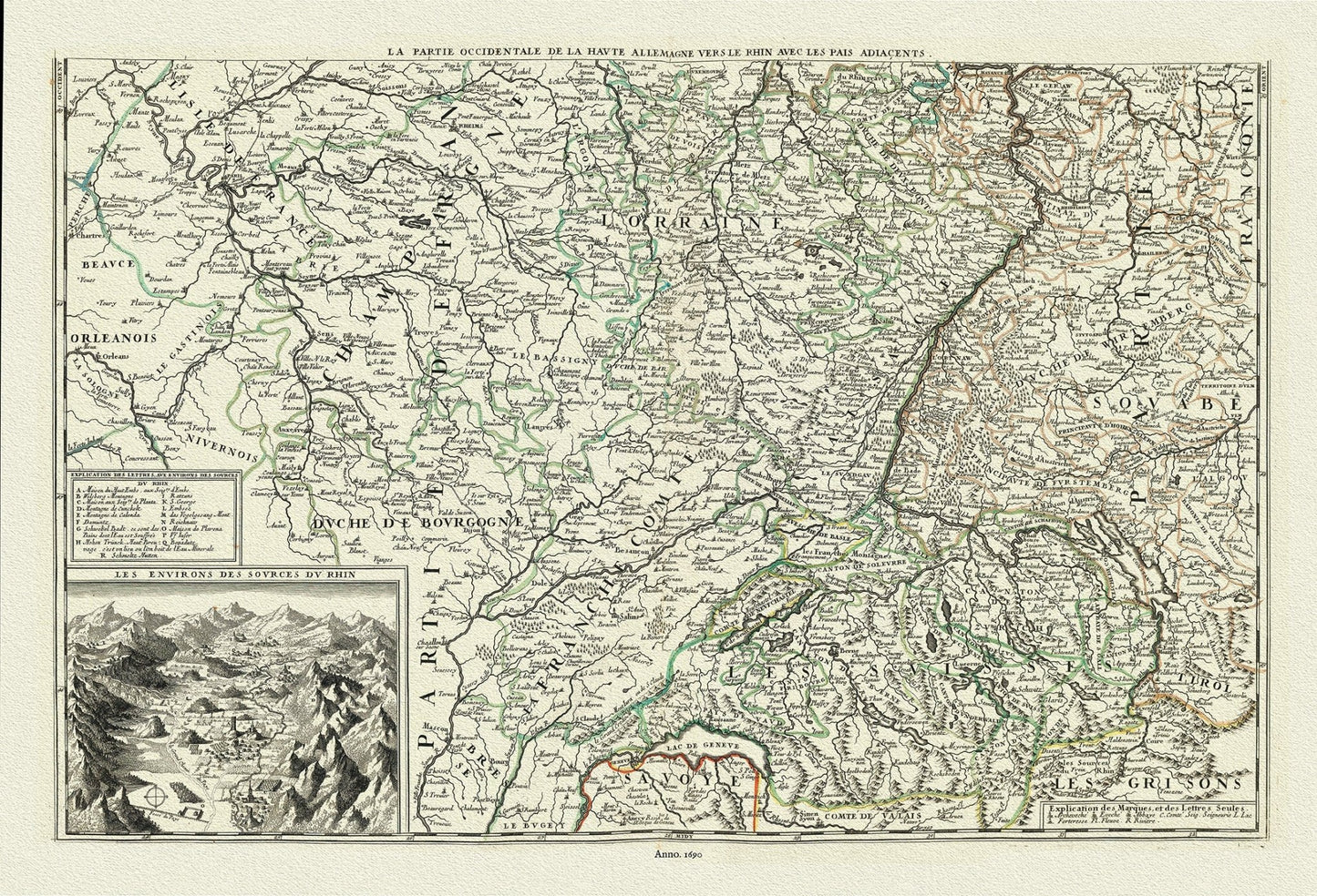 Europe: Germany: La Partie Occidentale de la Haute Allemagne vers le Rhin avec les pais adiacents.. Nolin et al. auths., 1690 - The Map Chest