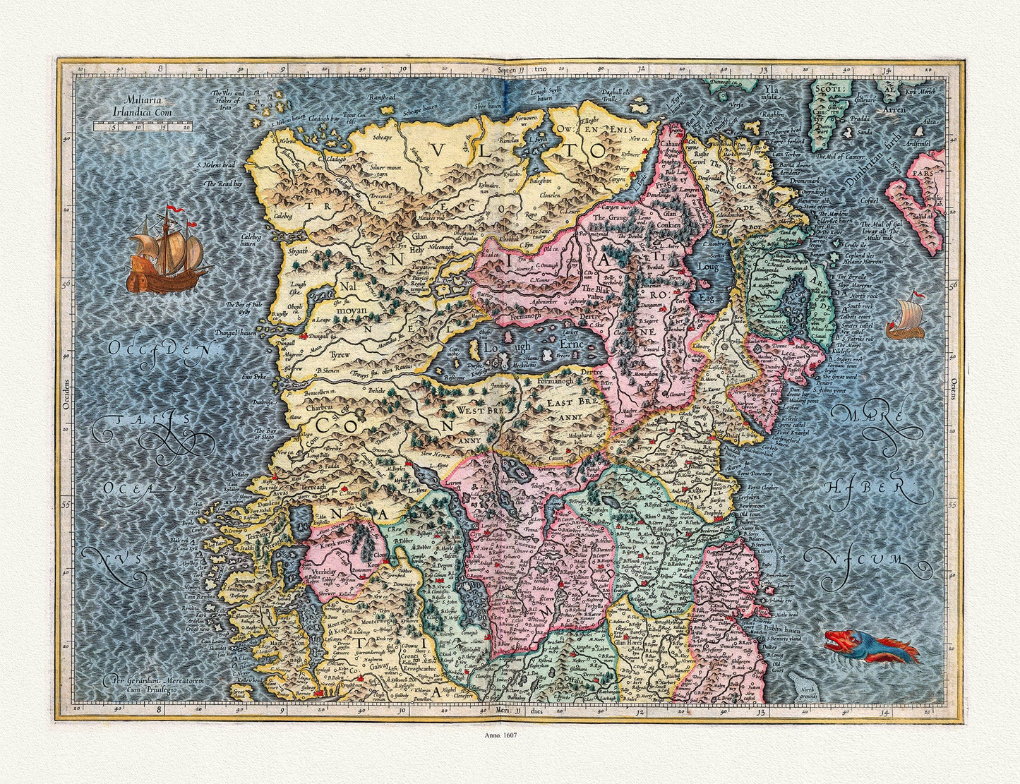 Europe: Ireland: Mercator et Hondius,( North Ireland) No title. Per Gerardum Mercatorem Cum Privilegio, 1607 - The Map Chest