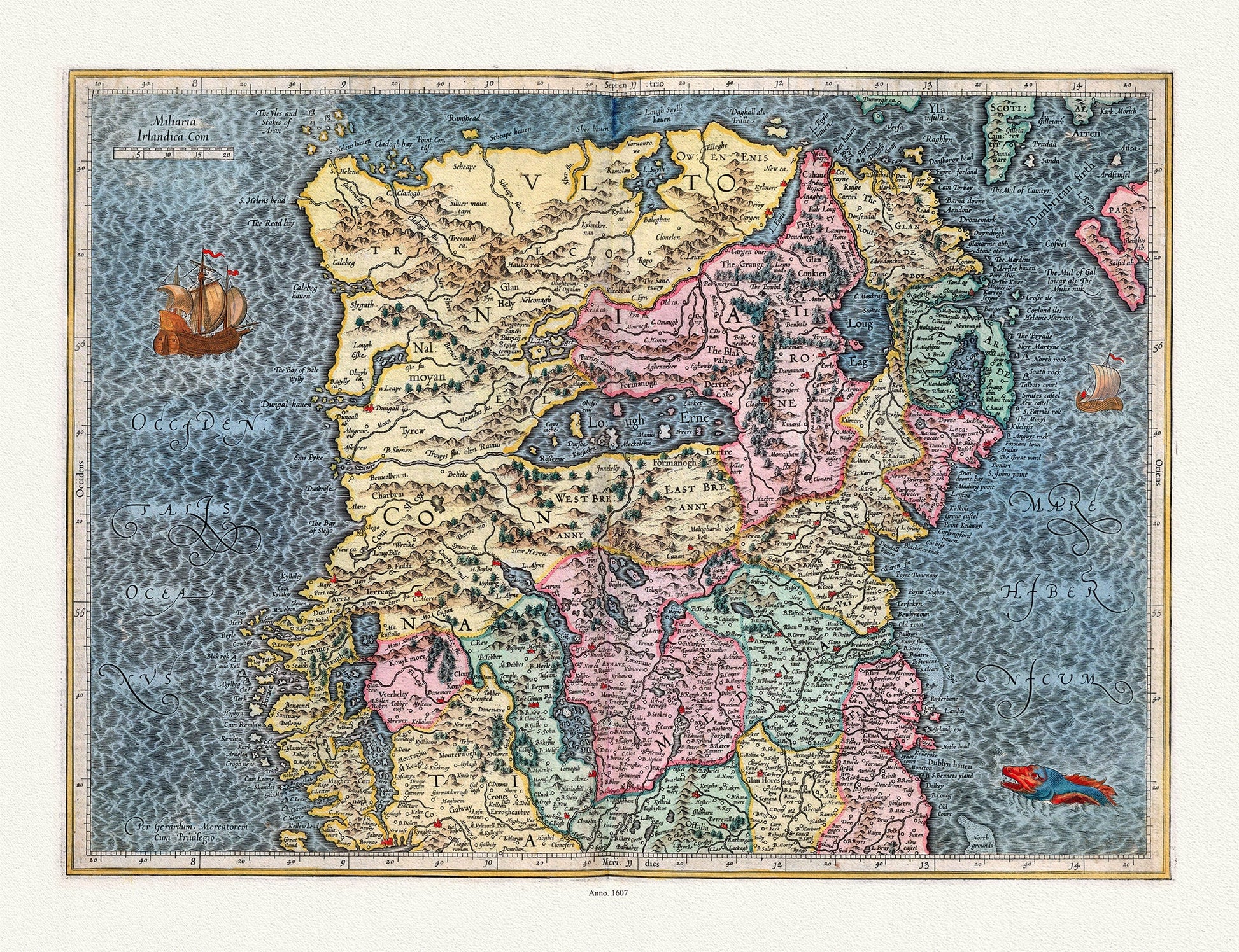 Europe: Ireland: Mercator et Hondius,( North Ireland) No title. Per Gerardum Mercatorem Cum Privilegio, 1607 - The Map Chest