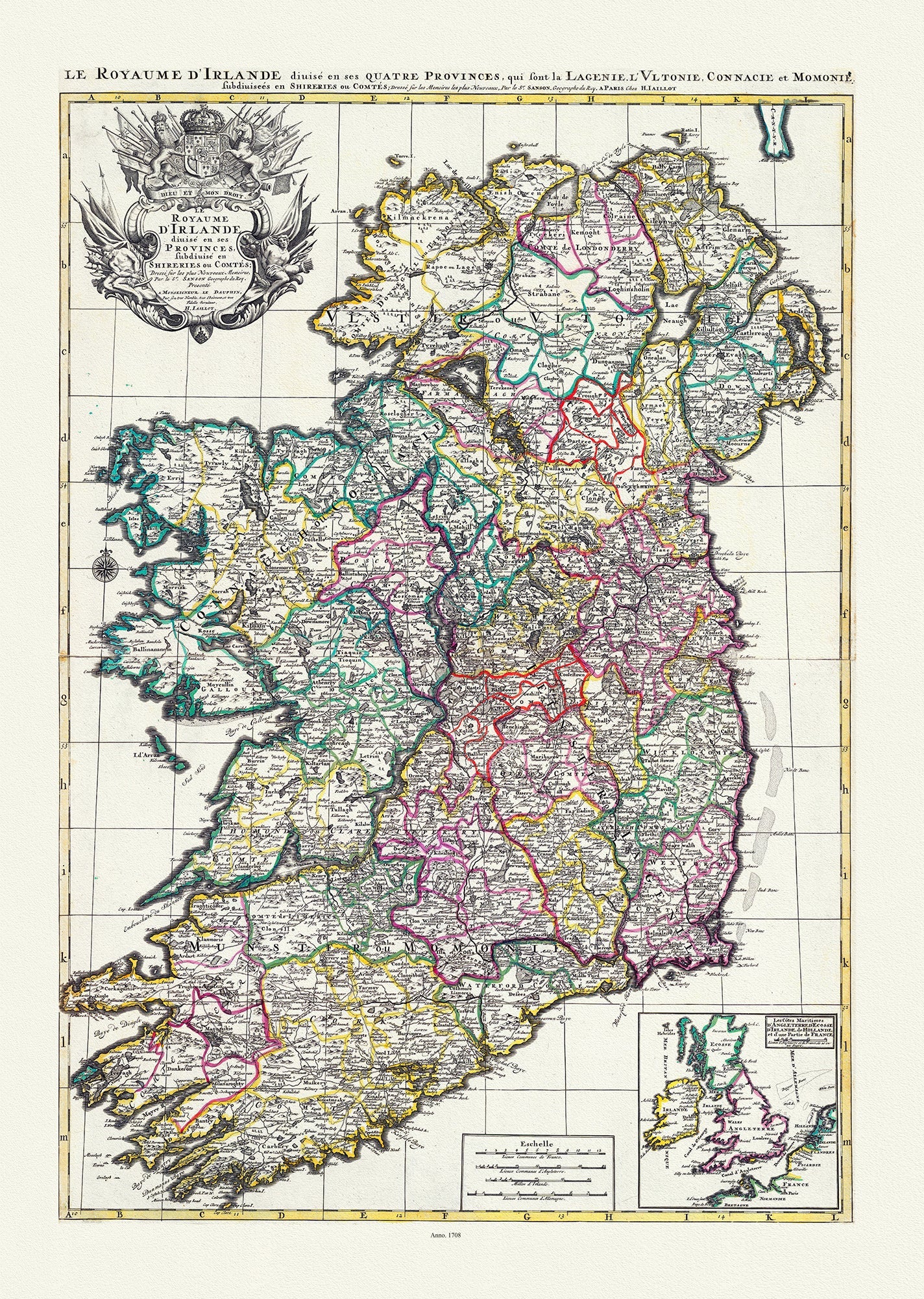 Europe: Jaillot, Mortier et Sanson, Royaume D'Irlande, 1708 - The Map Chest