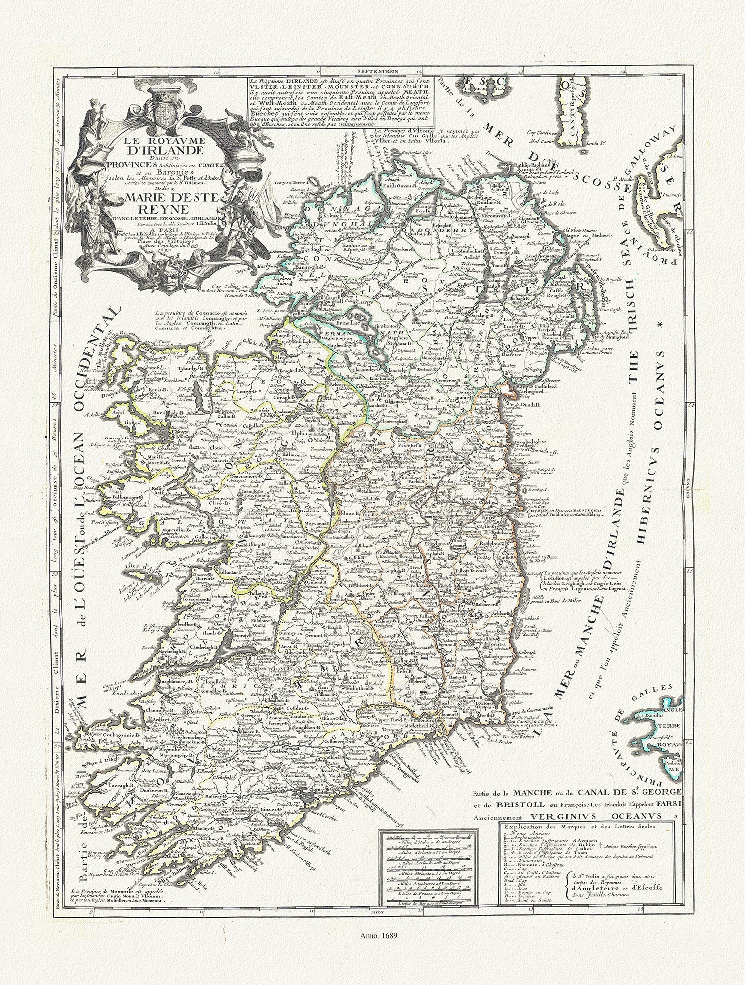 Europe: Le Royaume d'Irlande divisé en Provinces subdivisées en Comtez et en Baronies, Nolin auth., 1689 - The Map Chest