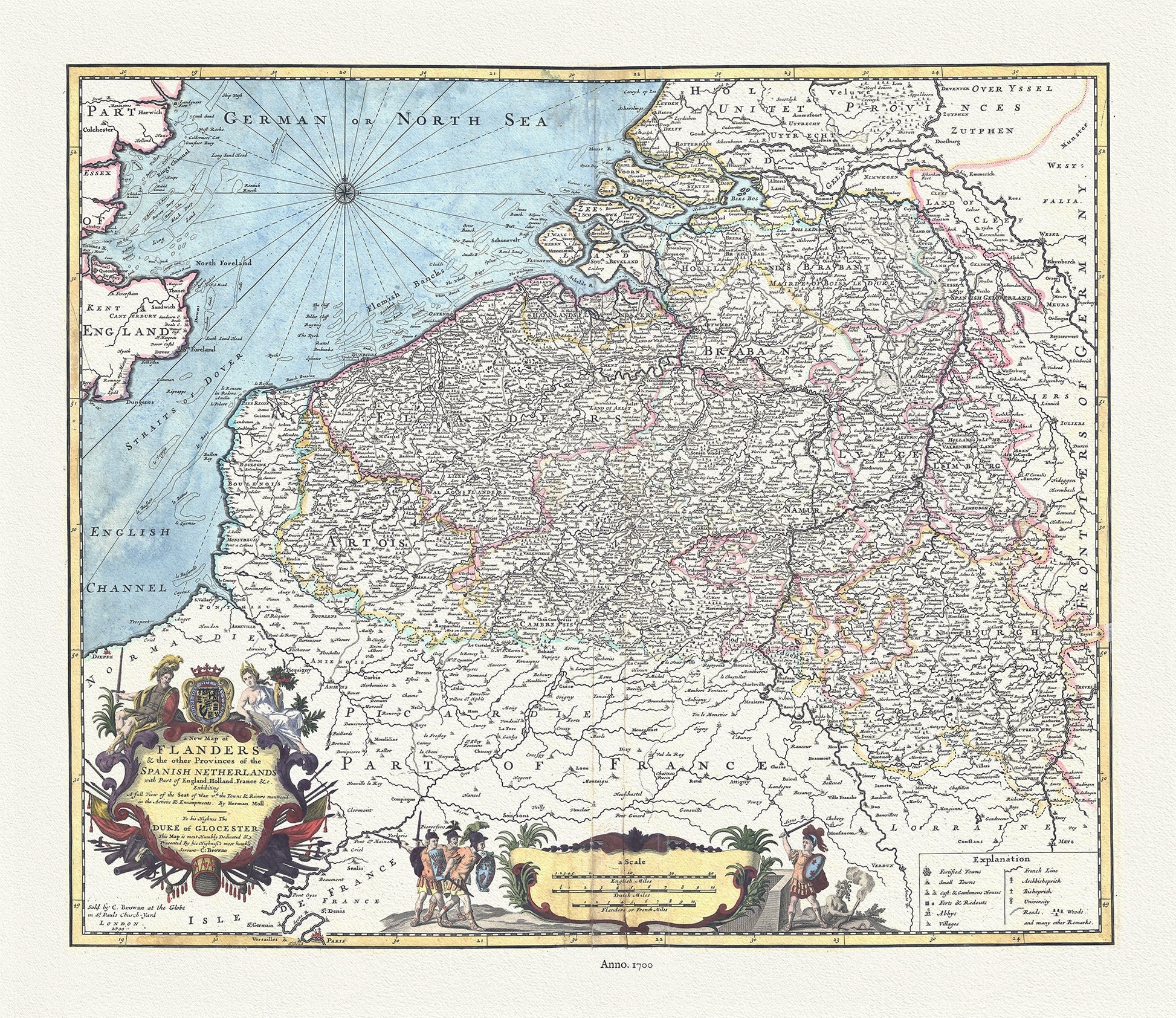 Europe: Low Countries: Belgium, A new map of Flanders & the other provinces of the Spanish Netherlands with part of England, Holland, France &c.1700, Moll auth. - The Map Chest