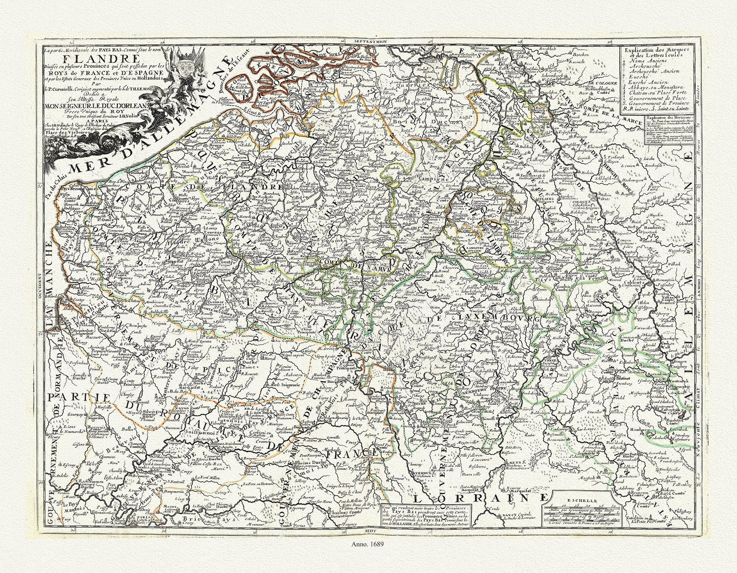 Europe: Low Countries: La partie Meridionale des Pays Bas, Connuë sous le nom Flandre divisée en plusieurs Provinces qui sont possedees par les Roys de France et d'Espagne, 1689, Nolin auth. - The Map Chest