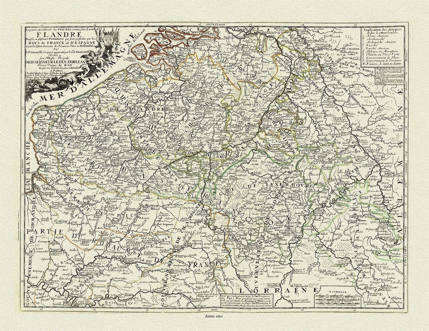 Europe: Low Countries: La partie Meridionale des Pays Bas, Connuë sous le nom Flandre divisée en plusieurs Provinces qui sont possedees par les Roys de France et d'Espagne .. Nolin et al. auths., 1690 - The Map Chest