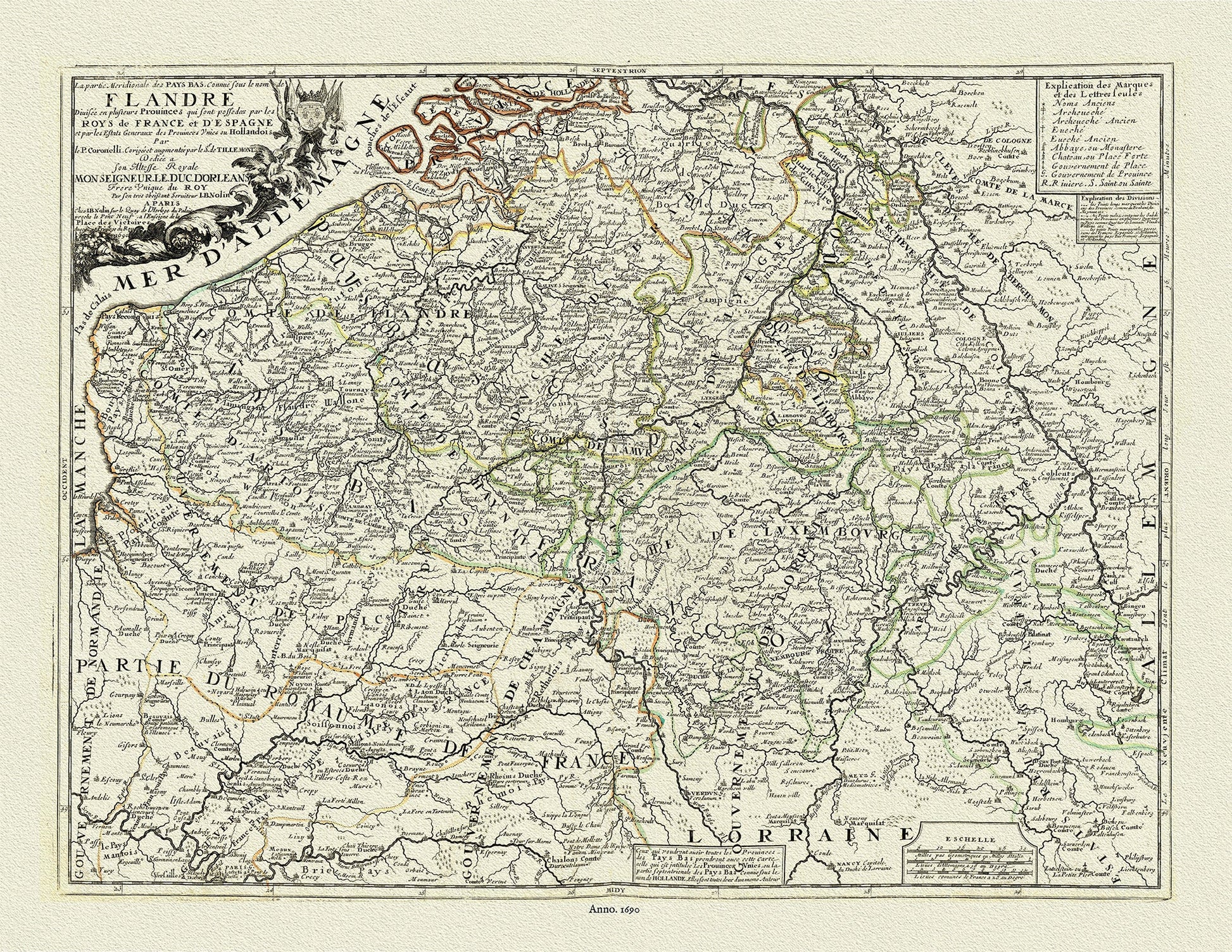 Europe: Low Countries: La partie Meridionale des Pays Bas, Connuë sous le nom Flandre divisée en plusieurs Provinces qui sont possedees par les Roys de France et d'Espagne .. Nolin et al. auths., 1690 - The Map Chest