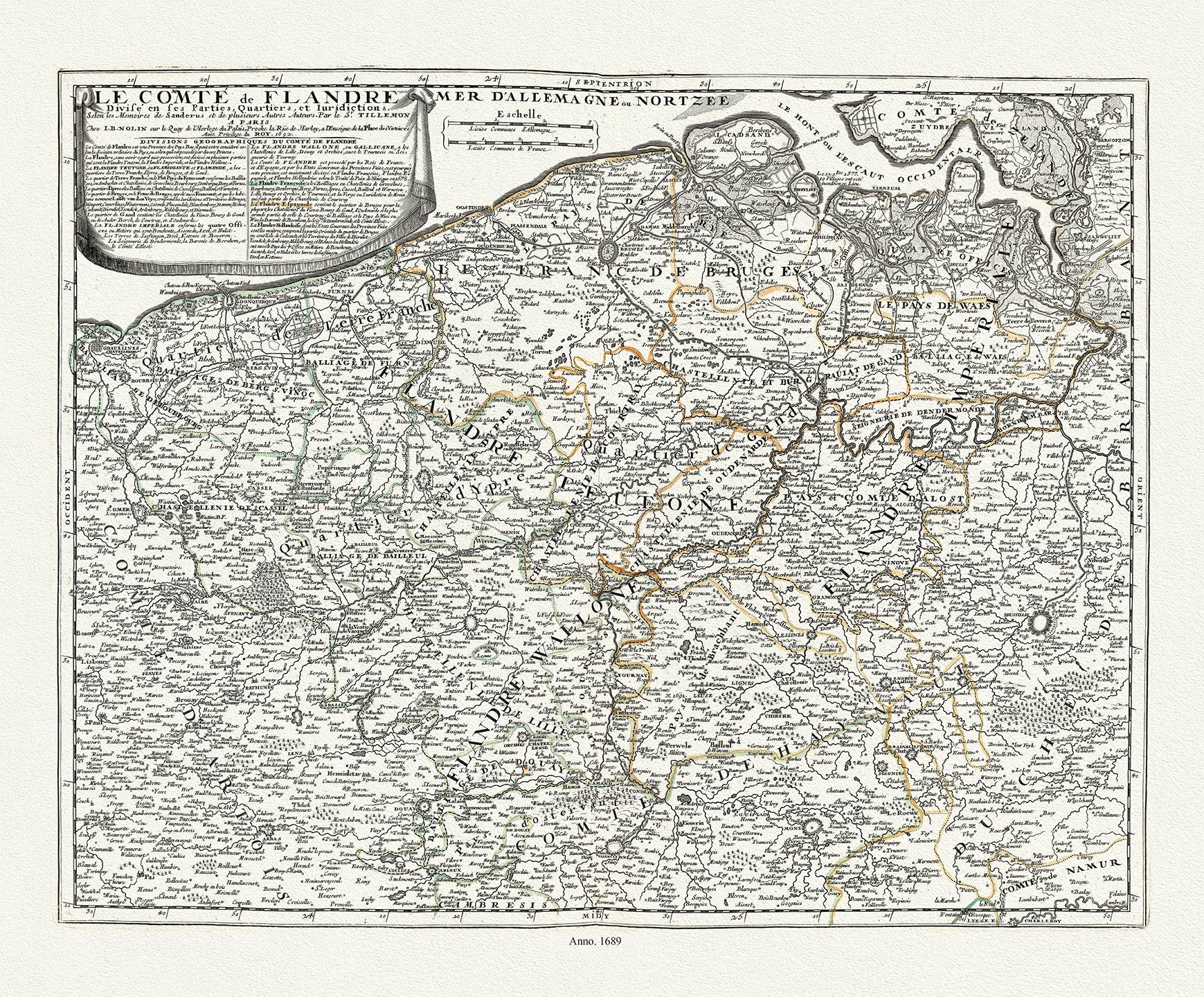 Europe: Low Countries: Le Comté de Flandre divisé en ses Parties, Quartiers, et Juridictions, 1689, Nolin auth. - The Map Chest