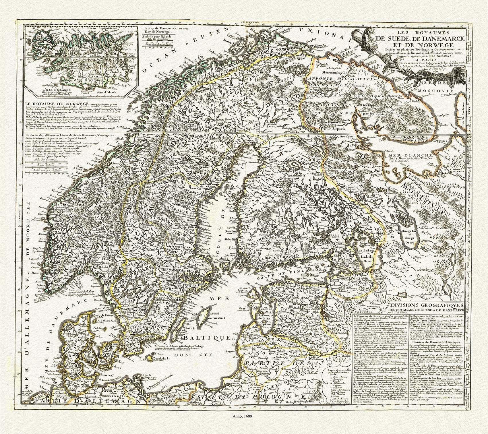 Europe: Scandinavia: Les Royaumes de Suede, de Danemarck et de Norwege divisez en plusieurs Provinces ,1689,. Nolin auth. - The Map Chest