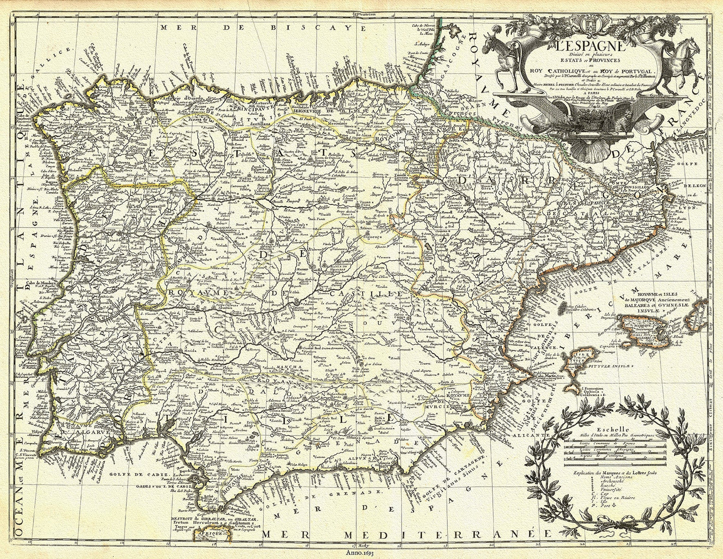 Europe: Spain, L'Espagne diviseé en plusieurs estats et provinces au Roy Catholique, et au Roy de Portugal, 1689, Nolin et al. auths. - The Map Chest