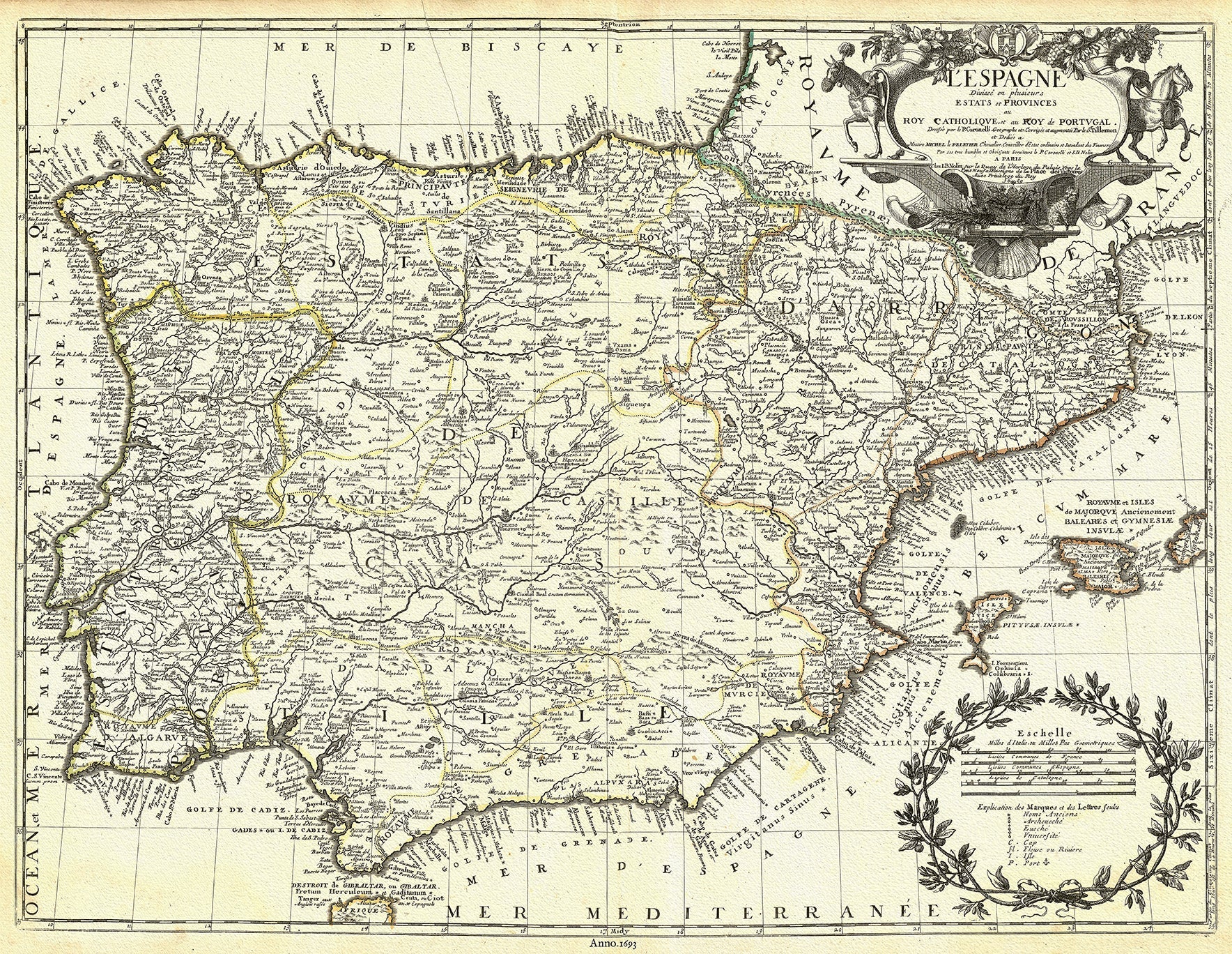 Europe: Spain, L'Espagne diviseé en plusieurs estats et provinces au Roy Catholique, et au Roy de Portugal, 1689, Nolin et al. auths. - The Map Chest