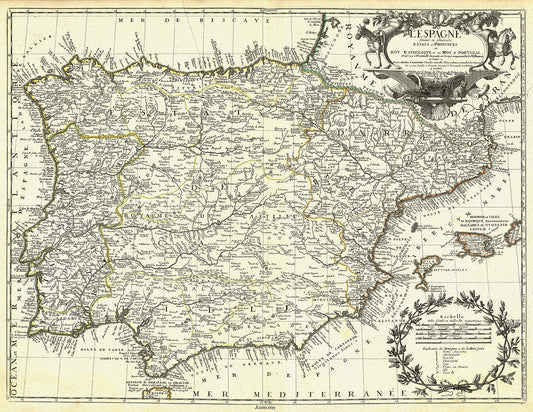 Europe: Spain, L'Espagne diviseé en plusieurs estats et provinces au Roy Catholique, et au Roy de Portugal, 1689, Nolin et al. auths. - The Map Chest