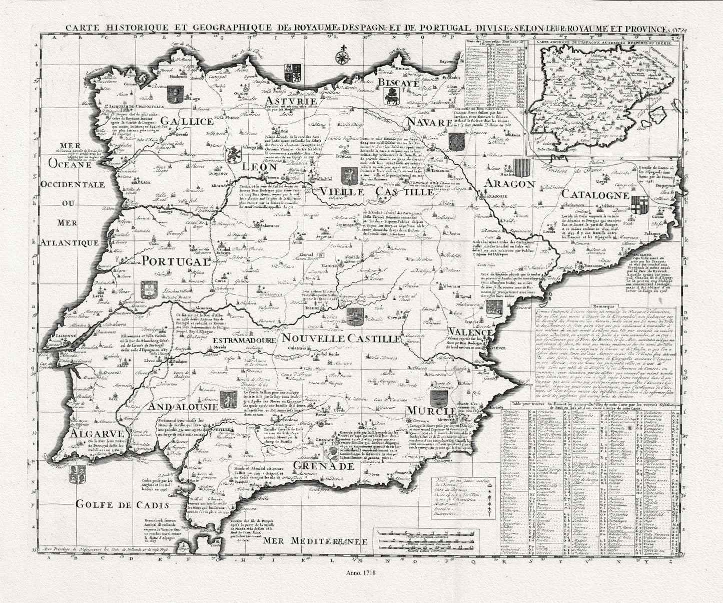 Europe: Spain & Portugal: Chatelain, Carte historique et geographique des Royaumes d Espagne et de Portugal, 1718 - The Map Chest