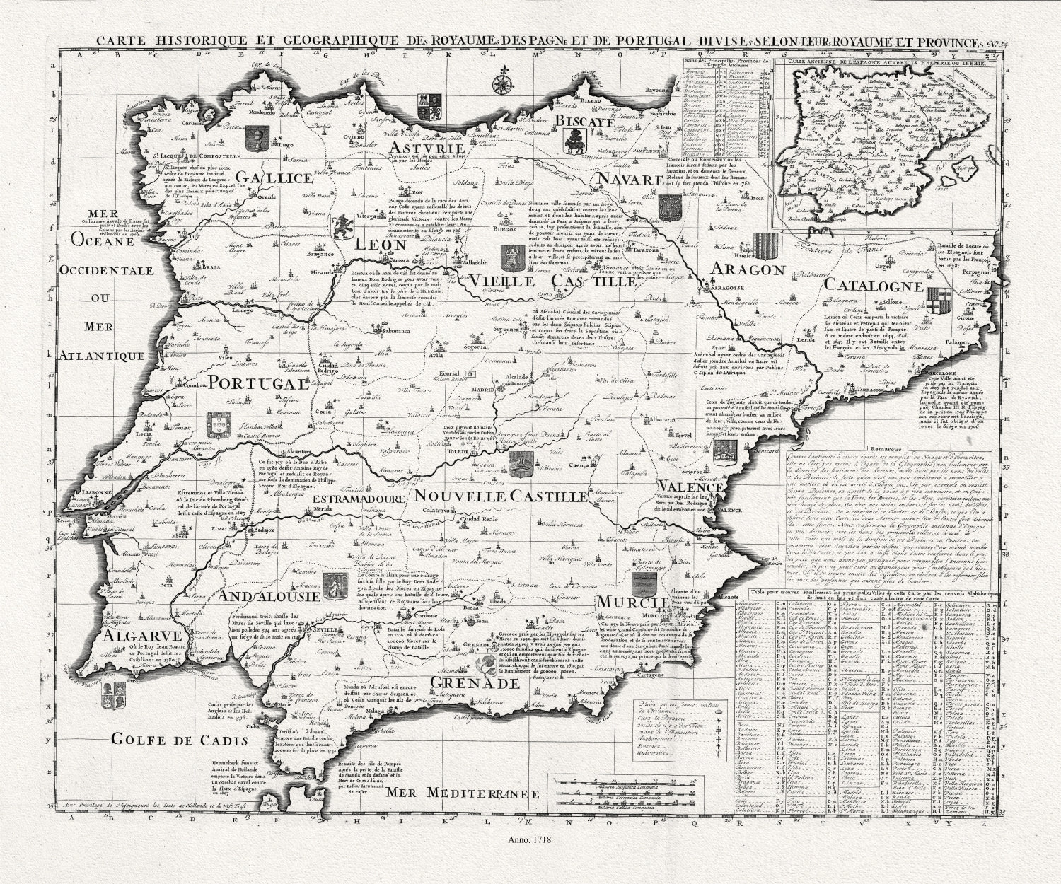 Europe: Spain & Portugal: Chatelain, Carte historique et geographique des Royaumes d Espagne et de Portugal, 1718 - The Map Chest