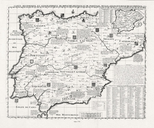 Europe: Spain & Portugal: Chatelain, Carte historique et geographique des Royaumes d Espagne et de Portugal, 1718 - The Map Chest