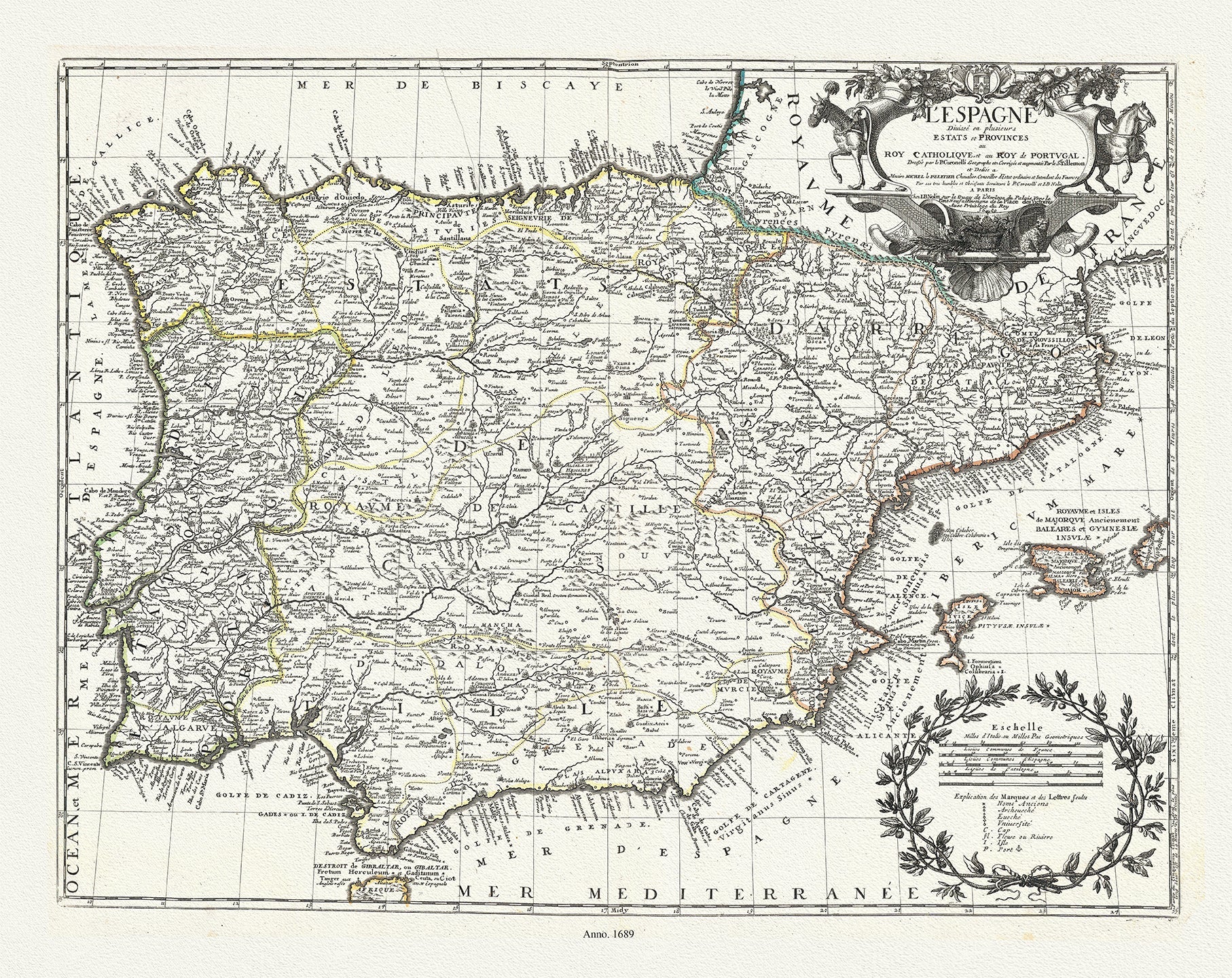 Europe: Spain & Portugal: E L'Espagne diviseé en plusieurs estats et provinces au Roy Catholique, et au Roy de Portugal, Nolin auth., 1689 - The Map Chest
