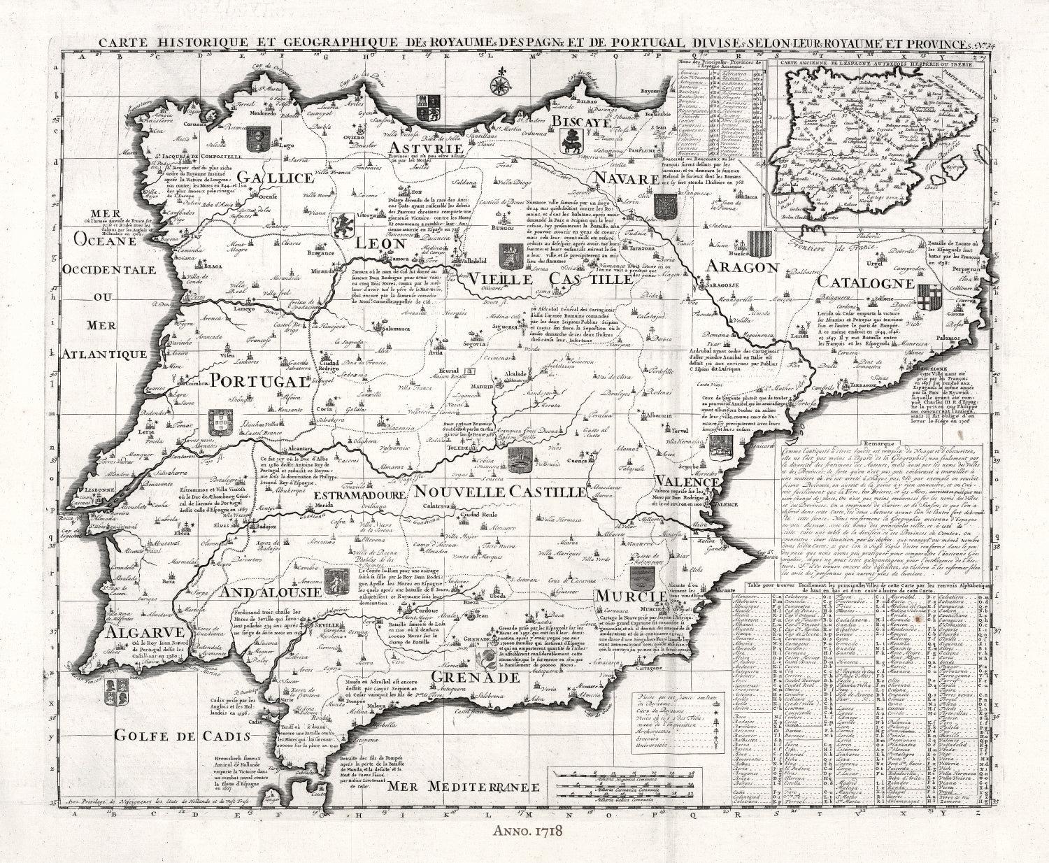 Europe: Spain & Portugal: Henri Chatelain - Tome I. No. 34. Carte historique et geographique des Royaumes d Espagne et de Portugal, 1718 - The Map Chest