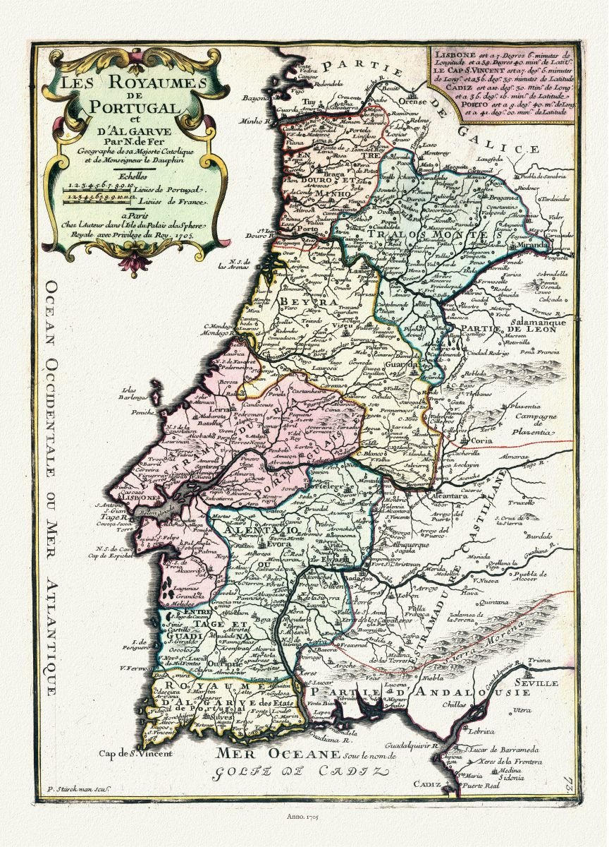 Europe: Spain & Portugal: Les Royaumes de Portugal et d'Algarve, 1705, Fer auth. - The Map Chest