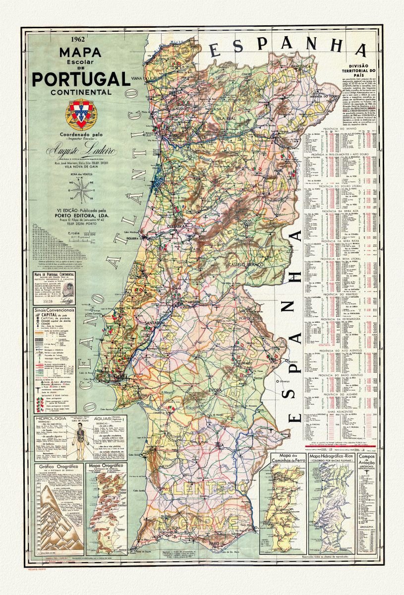 Europe: Spain & Portugal: Mapa escolar de Portugal continental [School map of Continental Portugal], 1962 - The Map Chest
