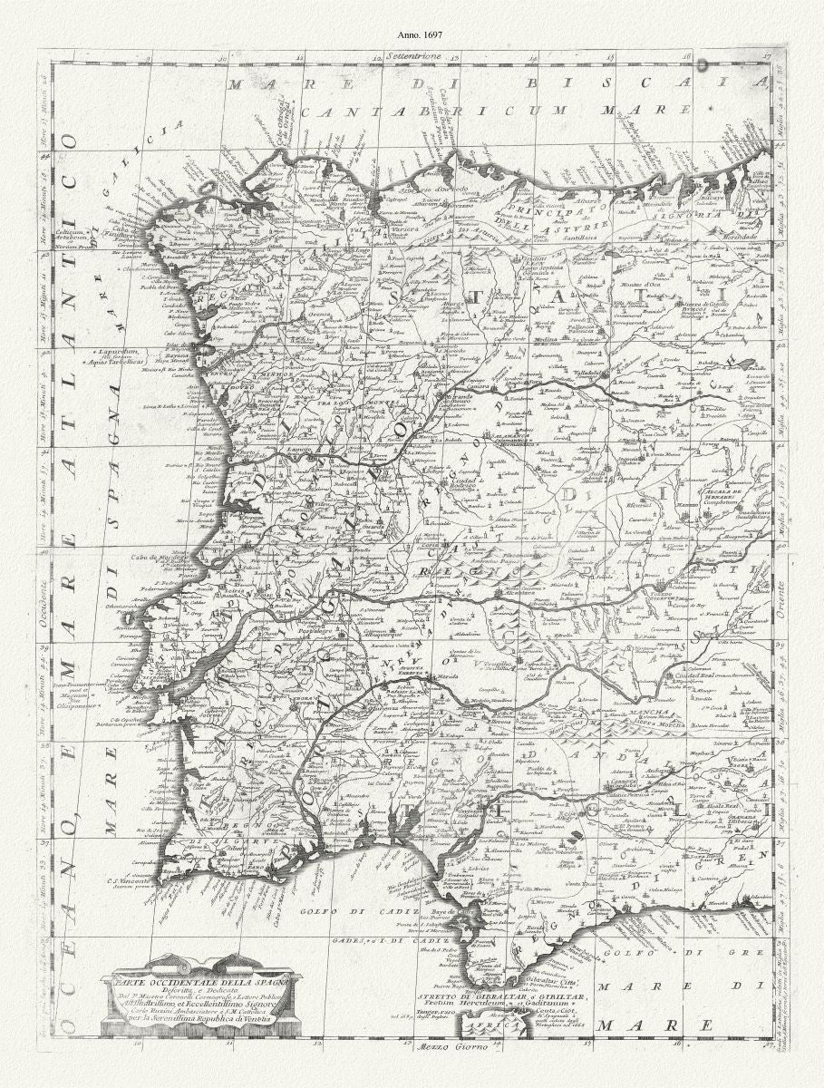 Europe: Spain & Portugal: Parte occidentale della Spagna et Portugalli, 1697 Coronelli et Accademia cosmografica degli Argonauti, auths. - The Map Chest