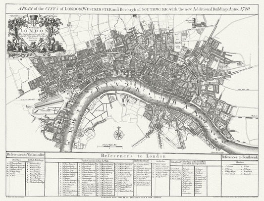 Europe: United Kingdom: England: City London: A Plan of the City's of London, Westminster and Borough of Southwark; with the new additional buildings, 1720, Senex auth. - The Map Chest