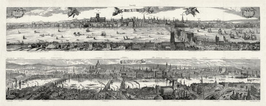 Europe: United Kingdom: England: City of London: Two Bird's Eye Views of London in the Year 1616 (Visscher) and 1890 (Brewer) - The Map Chest