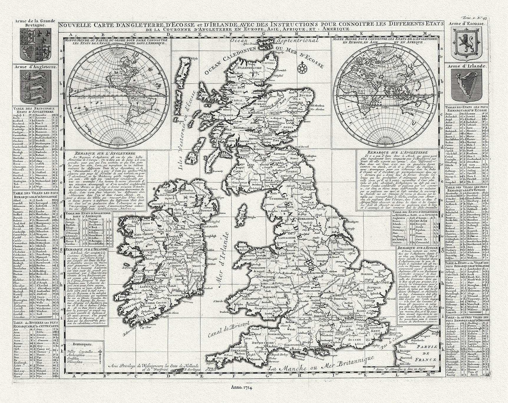 Europe: United Kingdom: Nouvelle carte d'Angleterre, d'Ecosse et d'Irlande, 1714, Henri Chatelain, Tome III. No. 43 - The Map Chest