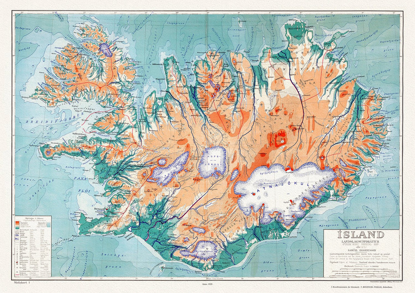 Iceland, Eggertsson et Forlag, Physical Map of Iceland, 1928 - The Map Chest