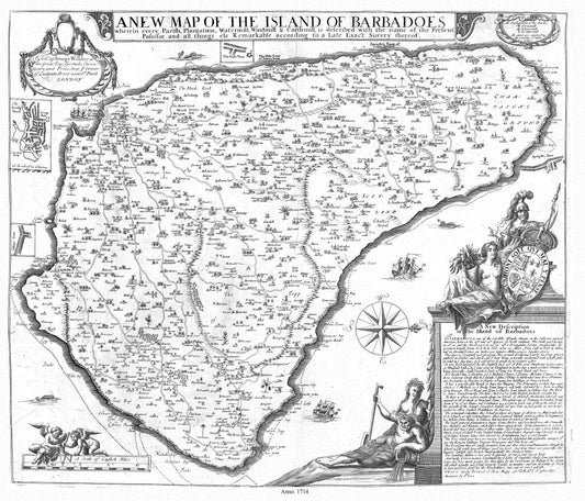Middle Central America: A new map of the island of Barbadoes, 1714 Ver. BW - The Map Chest
