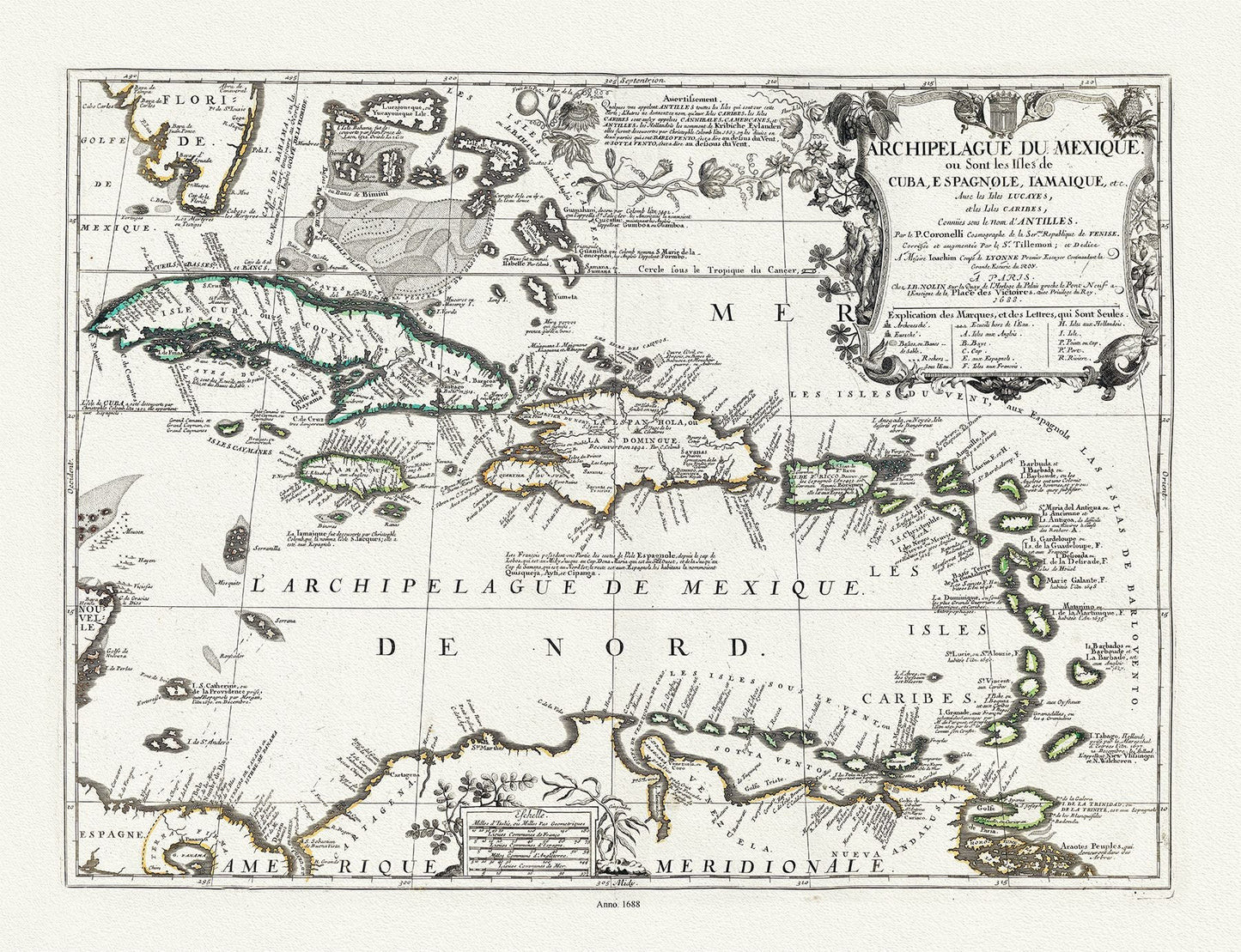Middle Central America: Archipelague du Mexique ou sont les Isles de Cuba, Hispaniola, Jamaique, etc. Avec les Isles Lucayes, et les Isles Caribes, 1688, Nolin et al. auths. - The Map Chest